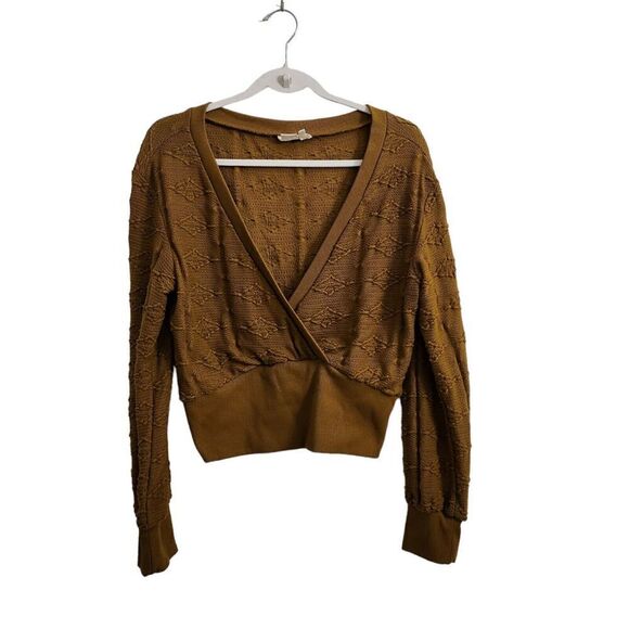Anthropologie‎ Sweater Womens Medium Mustard Brown Cropped Textured Deep V-Neck - Picture 1 of 10